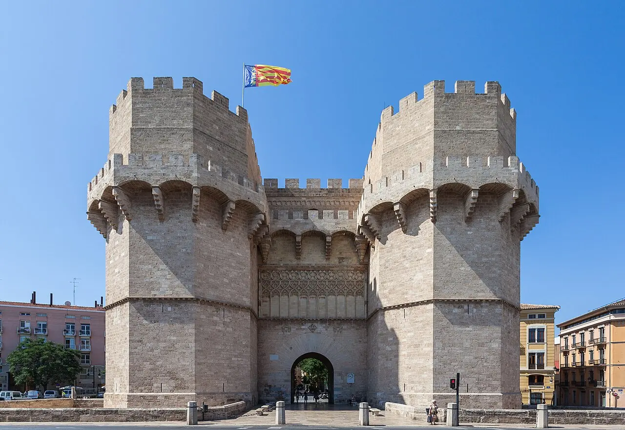 The twin stone towers of the Serranos gateway in Valencia
