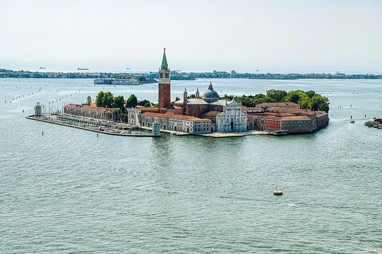 San Giorgio Maggiore island, church and bell tower seen across the lagoon