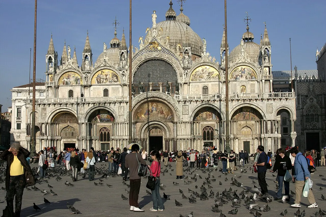 The domes, arches and decorated facade of St. Mark's Basilica