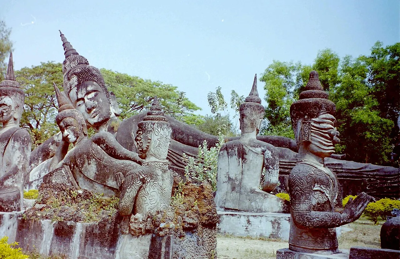 Concrete mythological figures among the sculptures of Buddha Park