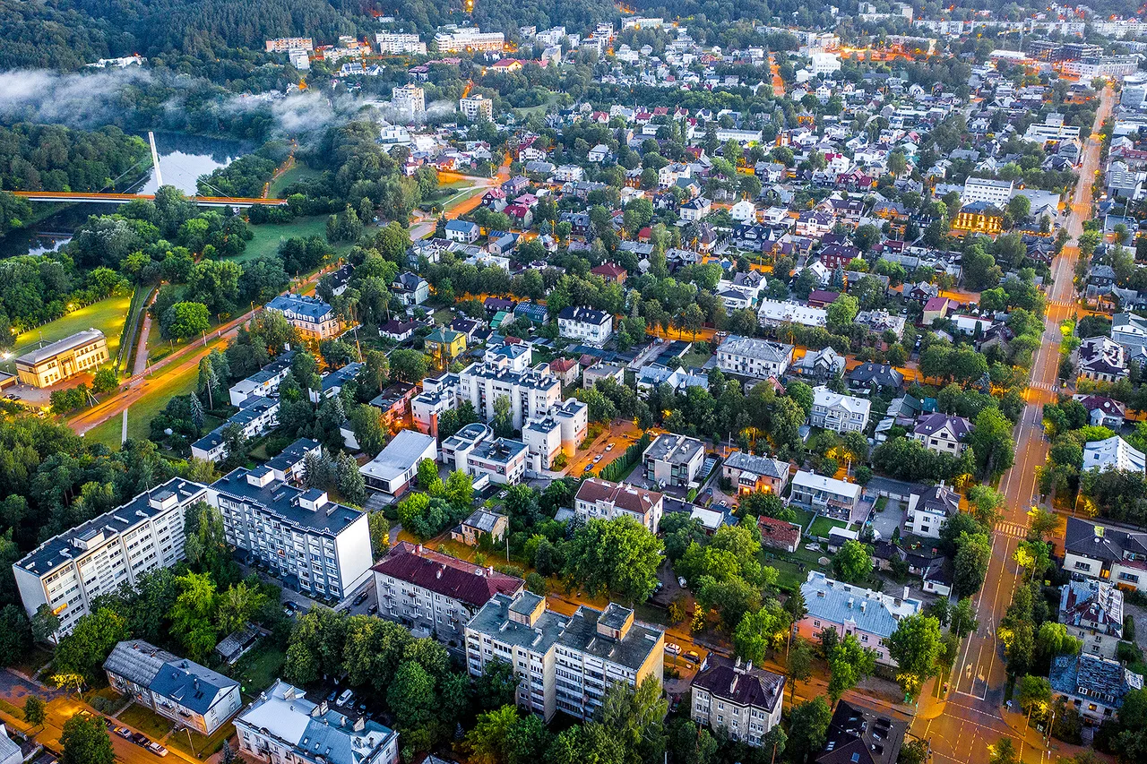 Luftaufnahme des grünen Viertels Žvėrynas und seiner Wohnstraßen in Vilnius