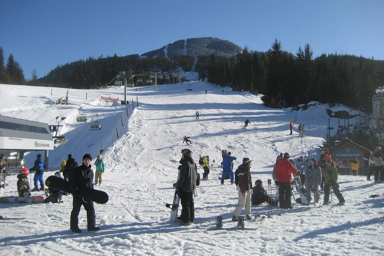 Skiers and mountain terrain on Whistler Mountain