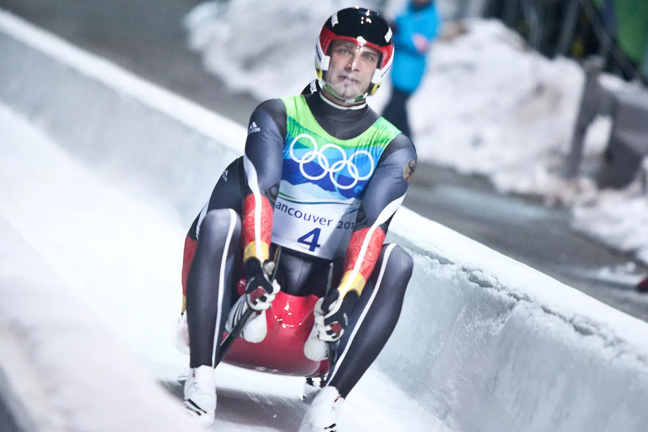 A luge athlete on the track at Whistler Sliding Centre