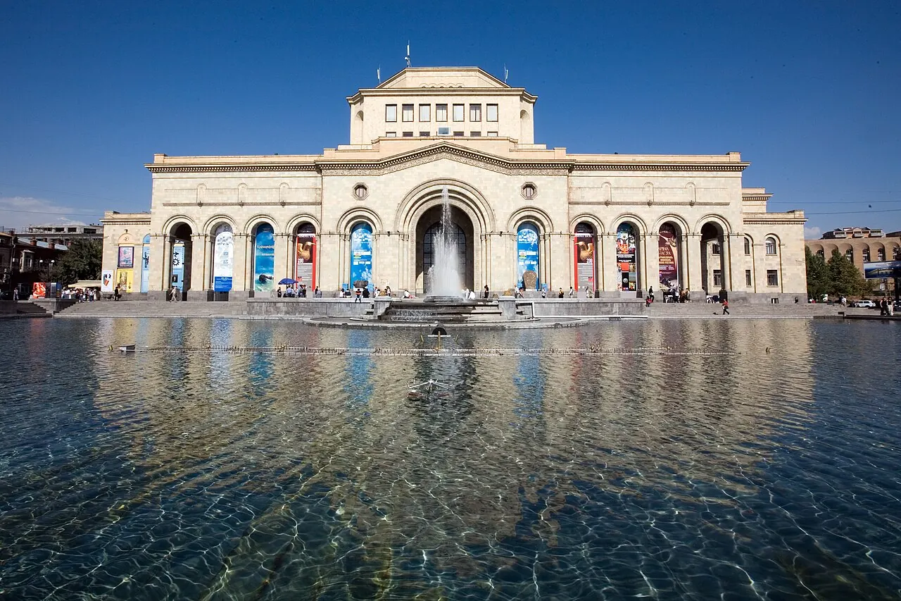 The History Museum of Armenia facade beyond the Republic Square pool