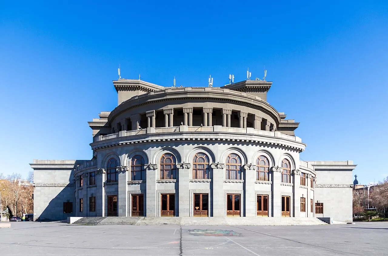 The rounded facade of Yerevan Opera Theatre beside Freedom Square