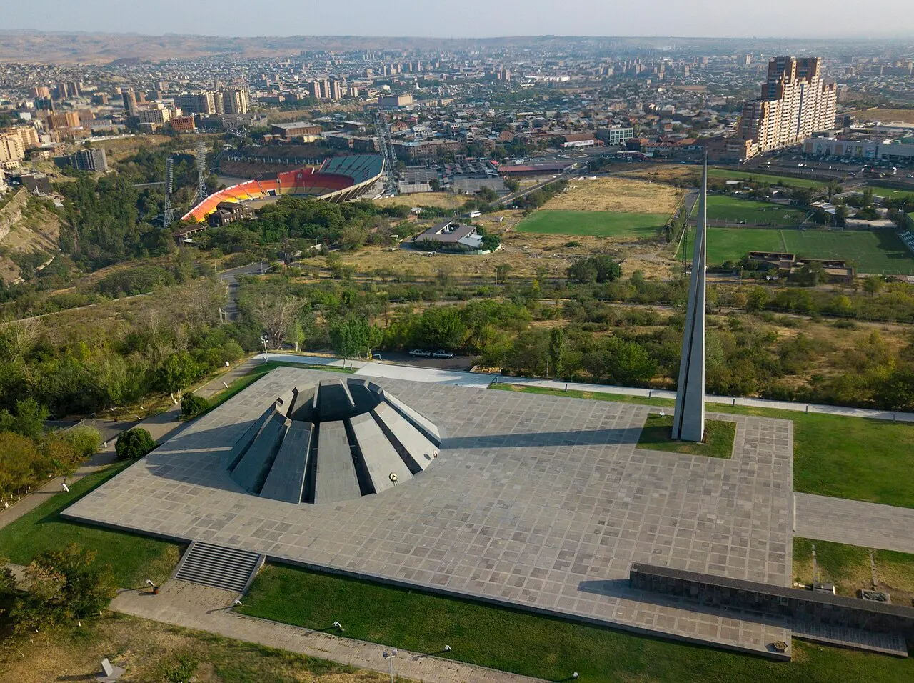 The Tsitsernakaberd memorial and tall stele overlooking Yerevan