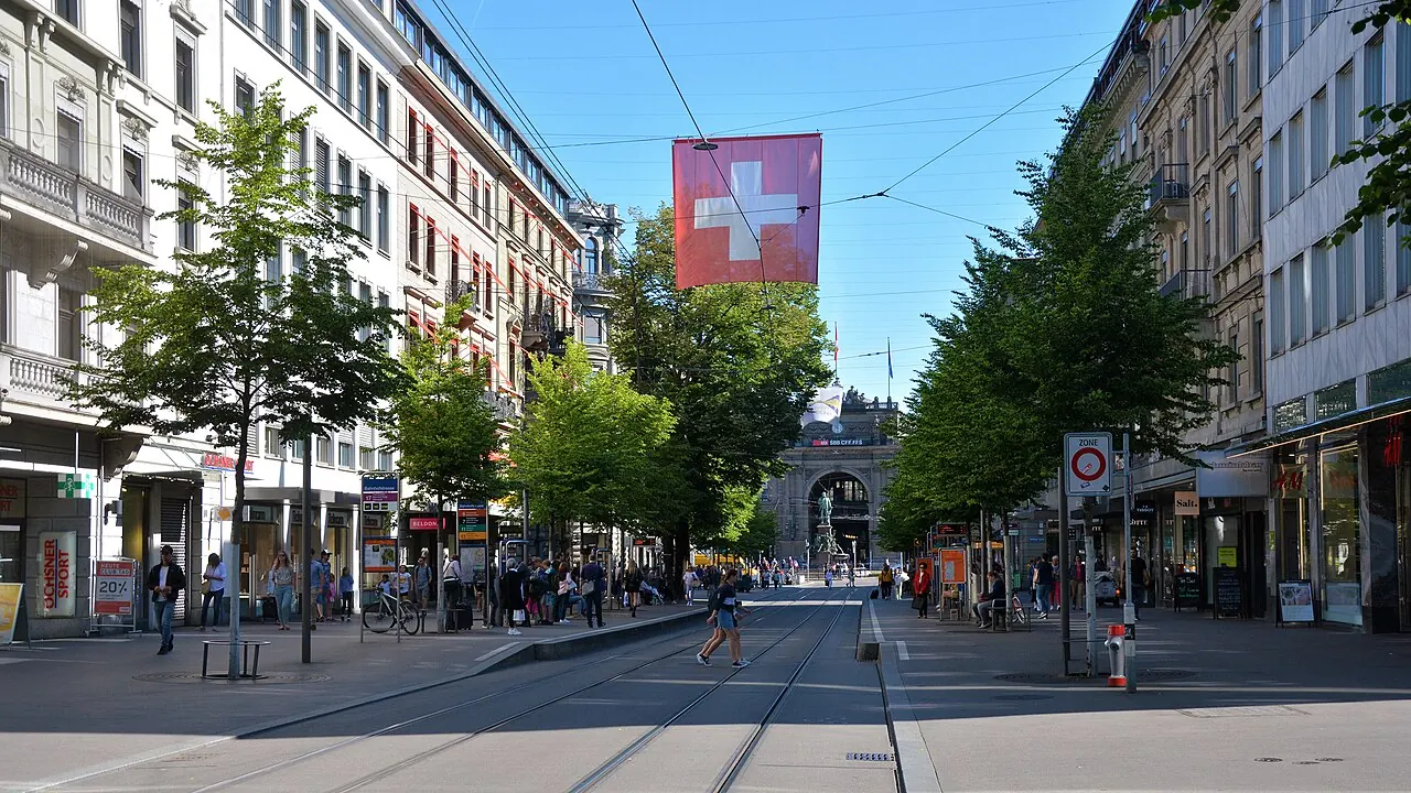 Trams and shops along Bahnhofstrasse near Zurich's main station